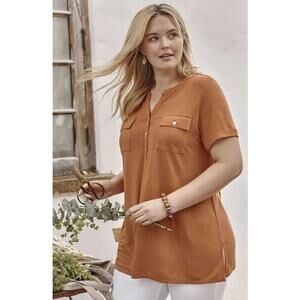 J.Jill Linen Blend Orange Short Sleeve Tunic Top Size M Split Neck Pocket Tee